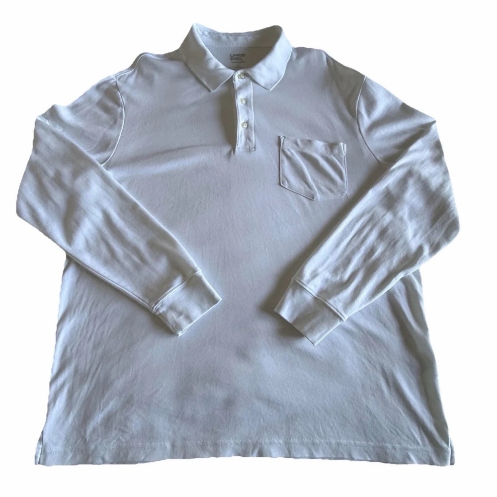 Lands End Polo Shirt Mens L White Long Sleeve Pocket Traditional Fit Knit Preppy